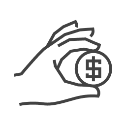 A line drawing of a hand holding a coin with a dollar sign