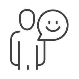 Icon of a person with a speech bubble containing a smiley face, representing friendly communication or customer service.