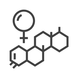 Icon depicting the molecular structure of estrogen linked with a female symbol, in a simple monochrome style.