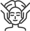 Icon of a symmetrical, abstract human face with hands framing the face, expressed in simple line art style.