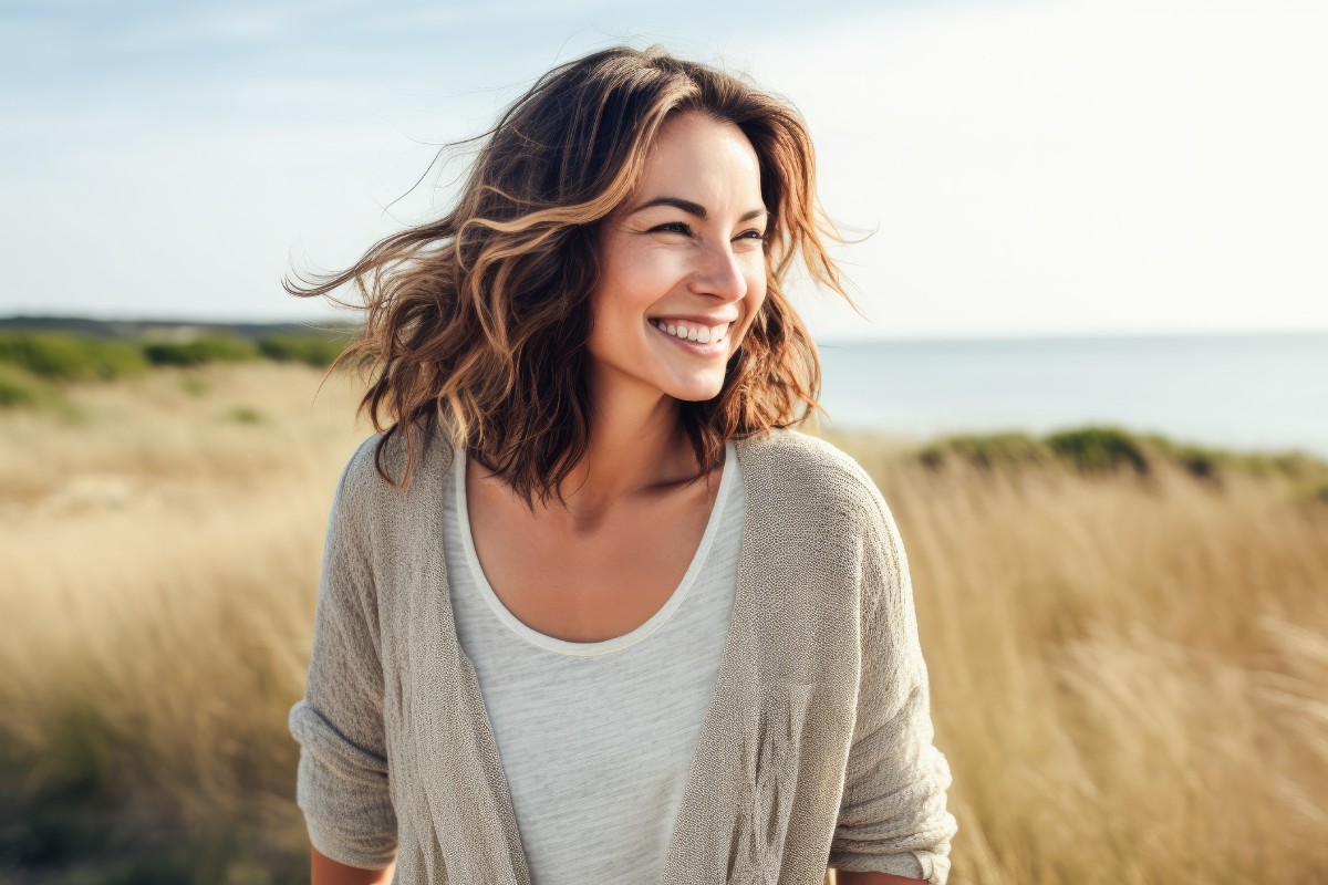 A joyful woman with wavy hair smiles brightly in a coastal landscape, wearing a beige cardigan over a white top.