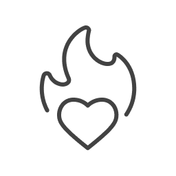 A black icon featuring a stylized heart with a flame wrapping around it, symbolizing passion or burning love.