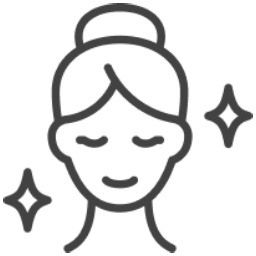 Outline of a woman's face with eyes closed and a bun hairstyle, with two sparkling stars on either side, suggesting cleanliness or freshness.