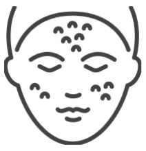 A line drawing of a human face with multiple small dots on the forehead and cheeks, indicating blemishes or acne.